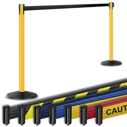 Prime 10' Long Outdoor Weather Resistant Retractable Belt Stanchion 2 Pk, 40” Tall No-Tools Assembly Crowd Control Barriers (Yellow Aluminum Post w/Black Belt) | Commercial Grade Outdoor Retractable Belt Stanchions, PRIME, Cement Base, Tool-Free, Crowd Co