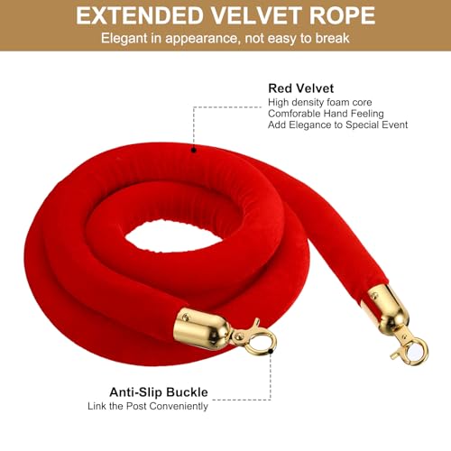 PATIKIL 8 Feet Red Velvet Stanchion Rope, Crowd Control Barrier Rope with Snap Hooks for Posts Stands Queue Divider of Hotel Theater, Golden - color: Red, size: 8 Feet