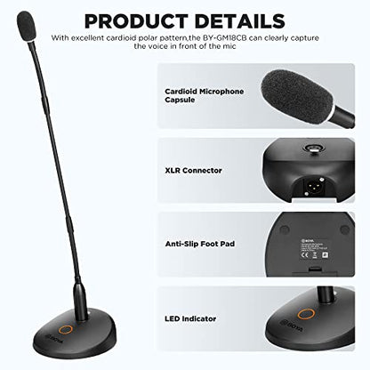 BOYA 18" Gooseneck Condenser Microphone with Desktop Base, LED Indicator - Podium Microphone for Conference Meeting Video Live Streaming Lecture Speech Podcast (XLR Interface BY-GM18CB) - size: BY-GM18CB