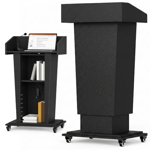 Tredre Wooden Podium Stand with Wheels, 41”–54.5” Height Adjustable, Black - color: Black