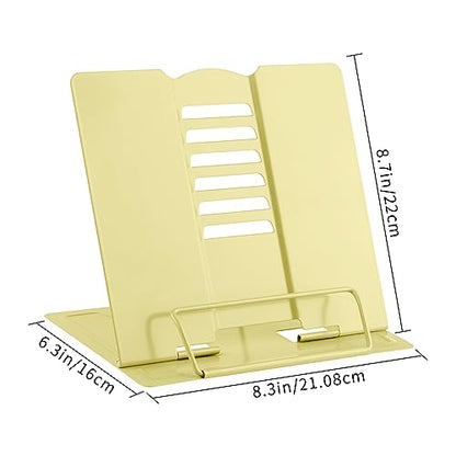 Honagu Book Stand Metal Desk Book Holder, Book Holders for Reading Hands Free, Adjustable Cookbook Documents Holder, Portable Bookstand for Music Books, Textbook, Recipe, Tablet, Ipad（Light Yellow） - color: Light Yellow