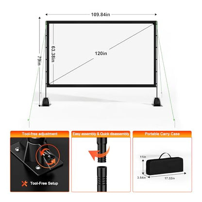 Projector Screen Outdoor with Stand, TWjouko 120 inch Portable Movie Screen with Carry Bag, Sandbag,16:9 Washable Cloth Screen for Backyard, Camping, Travel, Easy Setup, Big Projection Screen