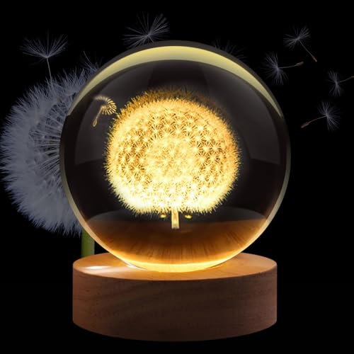 Flexzion 3D Dandelion Crystal Ball Night Light - LED Light Hologram Glass Lamp with Solid Wood Base, USB Powered Crystal Ball Lamp with Adjustable Brightness for Home Decor Display Gift, 2.4inch(60mm) | Dandelion Lamp with Solid Beech Wood Base and Adjust