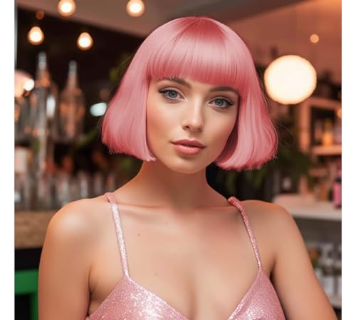 LIULIUBTY Short Bob Hair Wigs Straight with Flat Bangs Synthetic Colorful Cosplay Daily Party Neon Wig for Women + Free Wig Cap 12" Natural As Real (Dusty Rose Pink) - color: Light Pink