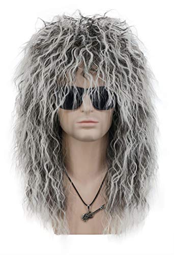 VGbeaty Adult Men Women Long Curly Gray Gradient White Wig 70s 80s Rocker Mullet Halloween Costume Cosplay Wig | 70s 80s Rocker Halloween Costume Cosplay Wig - color: Gray Gradient White