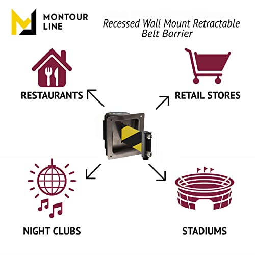 Montour Line WM115 Wall Mounted Retractable Belt Barrier with Magnetic Belt End, Recessed Mount, Black Casing (13 ft Black and Red Diagonal Belt) - color: Black and Red Diagonal, size: 13 ft