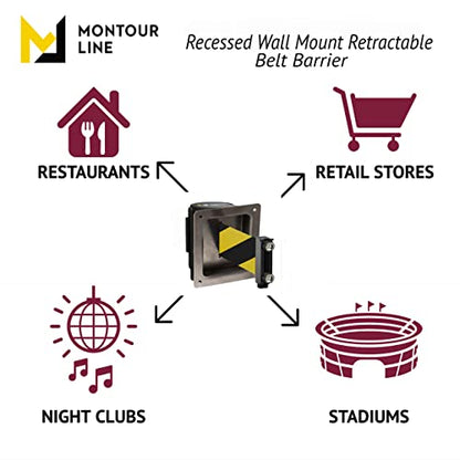 Montour Line WM115 Wall Mounted Retractable Belt Barrier with Magnetic Belt End, Recessed Mount, Black Casing (13 ft Black and Red Diagonal Belt) - color: Black and Red Diagonal, size: 13 ft