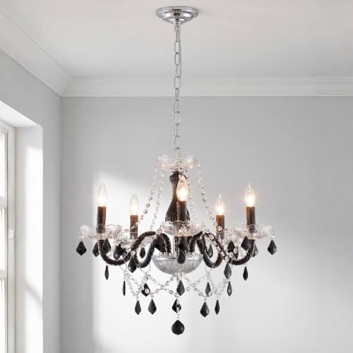 Saint Mossi Crystal Chandelier, 5-Light Black and Clear Glass Chandelier | Crystal chandelier,dimmable bulb compatible,59-in chain,19-in body, flat and sloped ceilings, dining room - color: Black and Clear