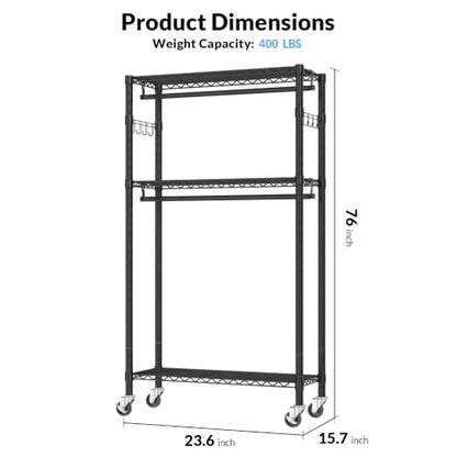 Heavy Duty Rolling Clothes Rack 3 Tiers, Metal Clothing Rack with Wheels, Adjustable Double Garment Rack, Closet Organizer System with 23.6" W x 15.7" D x 76" H, Max Load 400Lbs (Black) - color: Black, size: 23.6" W x 15.7" D x 76" H