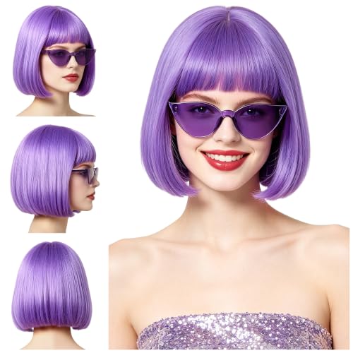 Short Bob Straight Hair Wigs with Bangs, Synthetic Fiber Colorful Hair, Cat Eye Glasses for Women (Blue-Purple) - color: Blue-Purple