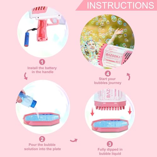 Deserthome Bubble Gun, Pink Bazooka Bubble Machine with Bubble Solution | 69-Hole Light-Up Bazooka Bubble gun Blaster, Produces Massive Bubbles, Outdoor Summer Toy for Kids, Ideal Party Favors - color: Pink