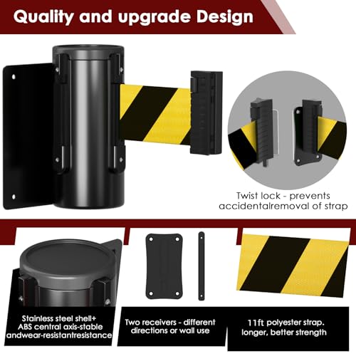 kaiyomi 11 Feet Retractable Belt Barriers Wall Mount (Black & Yellow Belt) | Crowd Control Barriers with Black Steel Case, Stainless Steel Spring Expansion Belts - color: Black and Yellow, size: 11 Feet Upgraded