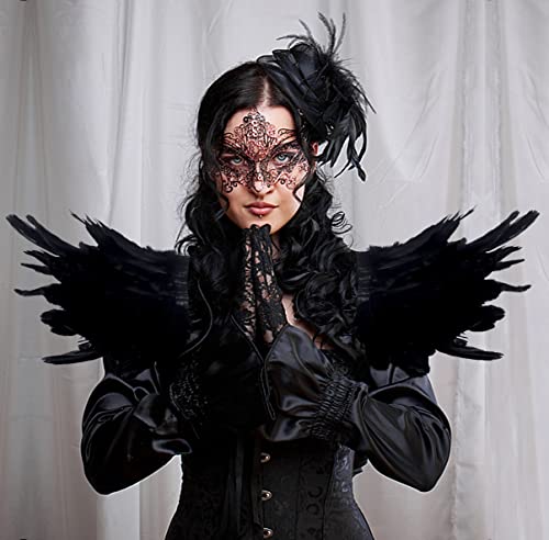 L'VOW Men Gothic Natural Real Feather Epaulet Shrug Shoulder Strap for Halloween Costume - Pack of 2 - color: Goose Black
