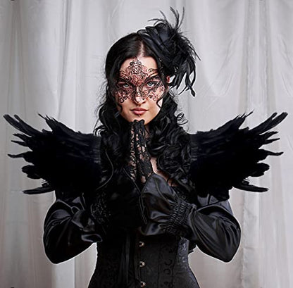L'VOW Men Gothic Natural Real Feather Epaulet Shrug Shoulder Strap for Halloween Costume - Pack of 2 - color: Goose Black