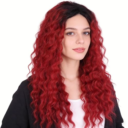 Womens Long Curly Wig Vibrant Red to Black Ombre, Full Voluminous Curls - color: Ombre Red