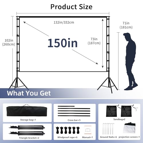 Wootfairy 150inch Outdoor Projector Screen with Stand Portable Wrinkle-Free | Foldable 16:9 4K HD Front Rear Large Projection Movie Screen with Carry Bag for Indoor Backyard Family Theater Camping Cinema