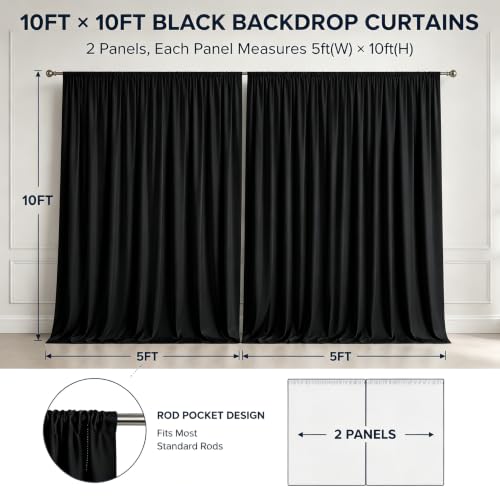 10x10ft Black Backdrop Curtain Drapes Wedding Party Photo Background | 2 Panels Wrinkle Free Black Polyester Backdrop Drapes Curtain for Birthday Bridal Baby Shower Graduation Photoshoot - color: Black, size: 5ft(W) x 10ft(H), 2 panels
