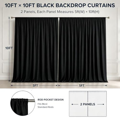 10x10ft Black Backdrop Curtain Drapes Wedding Party Photo Background | 2 Panels Wrinkle Free Black Polyester Backdrop Drapes Curtain for Birthday Bridal Baby Shower Graduation Photoshoot - color: Black, size: 5ft(W) x 10ft(H), 2 panels