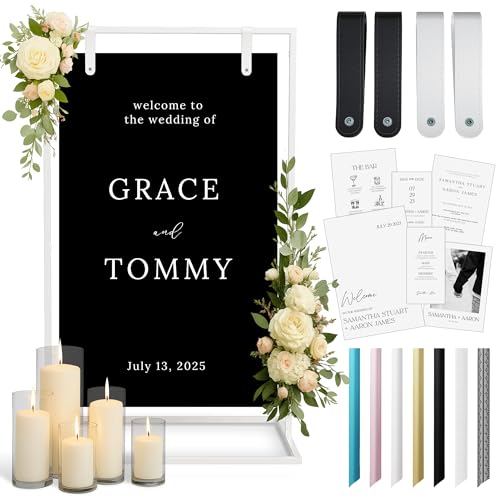 White Wedding Welcome Sign Stand with Holder - Elegant Metal Easel Display for Seating Chart, Reception Signs, Welcome Board - 30+ Customizable designs for Baby, Bridal Shower - Versatile Party Sign Holder - color: White