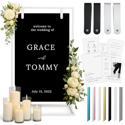 White Wedding Welcome Sign Stand with Holder - Elegant Metal Easel Display for Seating Chart, Reception Signs, Welcome Board - 30+ Customizable designs for Baby, Bridal Shower - Versatile Party Sign Holder - color: White