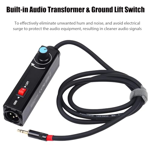 AUX to XLR Isolation Box, 3.5mm TRS to 3-Pin XLR Hum Eliminator with Volume Control, Built-in Audio Transformer & Ground Lift Switch, 3.3ft Cord, Removable Gold Coated AUX Plug