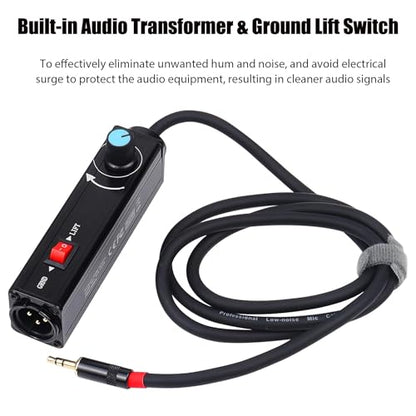 AUX to XLR Isolation Box, 3.5mm TRS to 3-Pin XLR Hum Eliminator with Volume Control, Built-in Audio Transformer & Ground Lift Switch, 3.3ft Cord, Removable Gold Coated AUX Plug