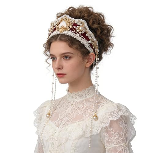 BPURB Women Tudor French Hood Headband Renaissance Anne Boleyn Hat Elizabethan Headwear Halloween Costumes - color: Red