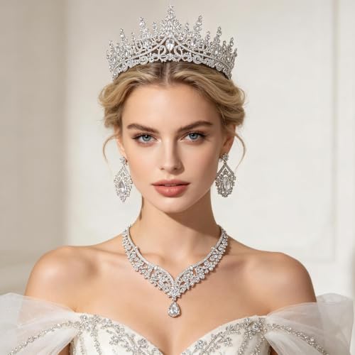 Tiaras Crowns for Women,Wedding Jewelry Set, Tiaras Necklace Earrings Crystal Bridal Wedding Jewelry Sets for Brides Bridesmaid Prom Costume Accessories - color: Silver