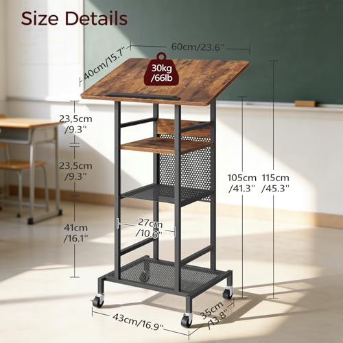 MAHANCRIS Podium Stand with Locking Wheels, 4-Tier Mobile Lectern with Storage Shelves and Non-Slip Lip, for Classroom, Church, Conference Standing Desk, Rustic Brown and Black LPHR6001 - color: Rustic Brown and Black
