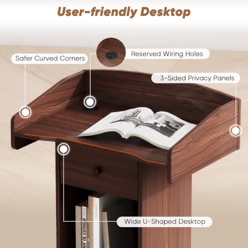 Portable Podium Stand with Metal Wheels, Rolling Podium with Drawer and Adjustable Shelf, Mobile Pulpit for Church, Wooden Lectern for Classroom Office Restaurant Conference (Brown) - color: Brown