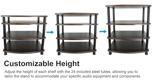 Rockville FLX Dark Wood Adjustable Height 4 Shelf Home Theater Audio Rack Stand, 24"x18", 300lb Limit, Steel Tubes, Perfect for Home Theaters, Studios | 300 lb Capacity, 24"x18" MDF Shelves, Expandable, Lockable Casters, Carpet Spikes, Rubber Feet, Open-A