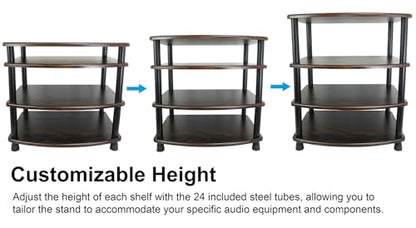 Rockville FLX Dark Wood Adjustable Height 4 Shelf Home Theater Audio Rack Stand, 24"x18", 300lb Limit, Steel Tubes, Perfect for Home Theaters, Studios | 300 lb Capacity, 24"x18" MDF Shelves, Expandable, Lockable Casters, Carpet Spikes, Rubber Feet, Open-A