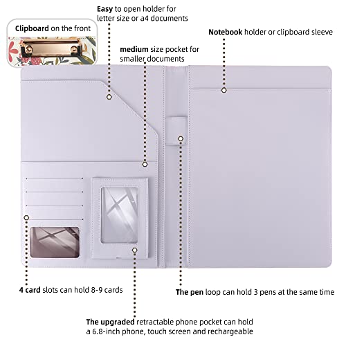 Padfolio for Women PU Leather Portfolio Cute Binder Foldable Recipe Clipboard Purple Phone Pocket - color: 03_fresh Violette