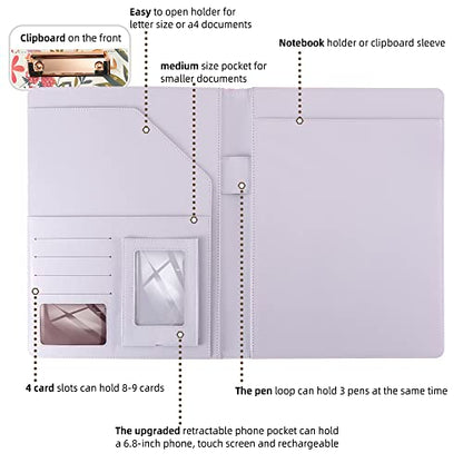 Padfolio for Women PU Leather Portfolio Cute Binder Foldable Recipe Clipboard Purple Phone Pocket - color: 03_fresh Violette