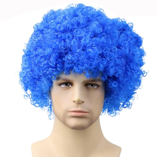 Funny Wigs for Women Men Blue Crazy Clown Wigs Fans Wig Short Afro Curly Costume Wig for Halloween Parties Cosplay Stage Performance Christmas Party Wig(Large Size,Blue) - color: Blue, size: Large Size
