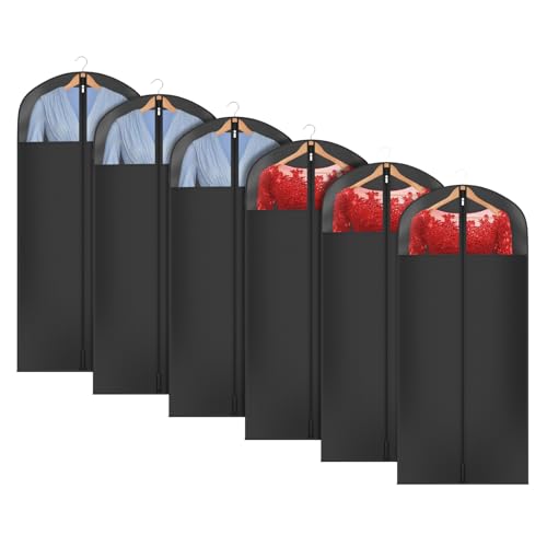 Univivi Garment Bag Suit Bag for Storage and Travel, 54 Inch, Set of 6 | Dress Bags for Gowns Long with Zipper and Clear Window, Oxford Fabrics, Foldable Suit Cover for Long Suits, Coats, Dresses - size: 24"X54"-6pcs - Black
