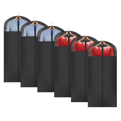 Univivi Garment Bag Suit Bag for Storage and Travel, 54 Inch, Set of 6 | Dress Bags for Gowns Long with Zipper and Clear Window, Oxford Fabrics, Foldable Suit Cover for Long Suits, Coats, Dresses - size: 24"X54"-6pcs - Black