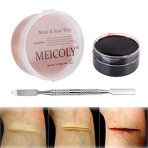 MEICOLY 3Pcs Special Effects SFX Makeup Kit,Fake Nose Skin Putty Wax Makeup for Cosplay,Scar Wax Fake Scar Modeling Wax for Cut Wound with Spatula,Fake Blood Scab Coagulated Blood Gel - color: scar wax kit,01