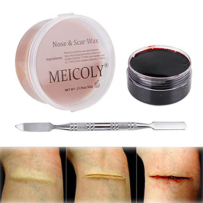 MEICOLY 3Pcs Special Effects SFX Makeup Kit,Fake Nose Skin Putty Wax Makeup for Cosplay,Scar Wax Fake Scar Modeling Wax for Cut Wound with Spatula,Fake Blood Scab Coagulated Blood Gel - color: scar wax kit,01