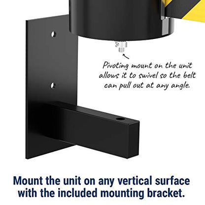 WM6500 Series Extra Long Span 65' Wall Mounted Retractable Belt Barrier w/Pivoting Wall Mount and Loop Receiving End, Yellow Belt - color: Yellow Belt