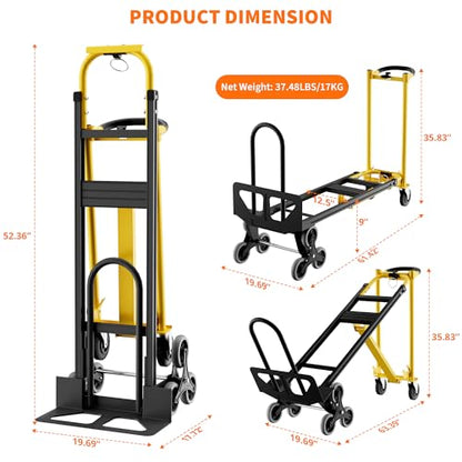 Heavy Duty Aluminum Hand Truck, 3-in-1 Convertible Folding Dolly Cart, Stair Climbing Hand Truck with Wheels, Industrial Platform Trolley for Warehouse, Home, Office & Transport Moving - color: Yellow+black
