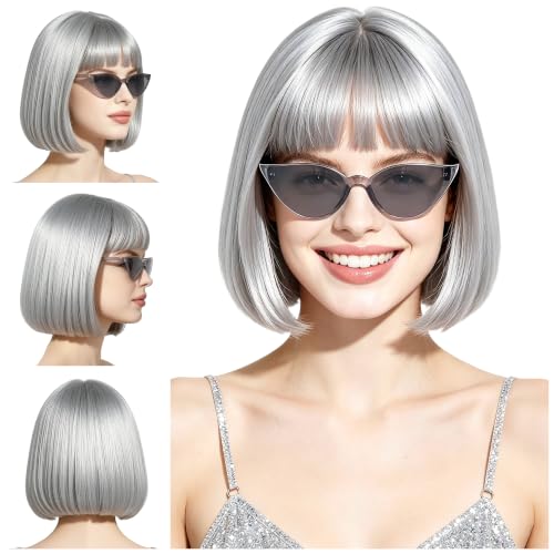 Short Bob Straight Hair Wigs with Bangs, Synthetic Fiber Colorful Hair, Cat Eye Glasses for Women (Light Gray) - color: Light Gray