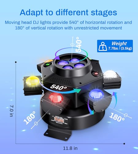 Moving Head DJ Lights for Parties, Pro Metal Look, 150W RGBW 4-in-1 LED | 6 Arms rotation, DMX-512 & sound activation & remote control, sharp beam, strobe, laser lights for stage disco bar wedding