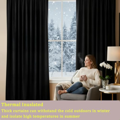Timeper Black Velvet Curtains 84 inches 2 Panels,Blackout Curtains for Bedroom Living Room Thermal Insulated Luxury Super Soft Window Drapes,Back Tab & Rod Pocket,W52 x L84 inches - color: Black, size: 52"W x 84"L (Pack of 2)