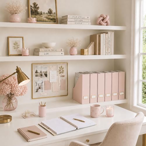 BLU MONACO | Cardboard Magazine File Holder Set of 6 Pink | Vertical Magazine File Holder with Gold Label Slots | Standing File Holder and Cardboard Bins for Shelves Desk Storage - color: Pink