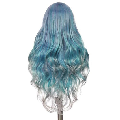 Quantum Love Long Curly Ombre Blue Wig for Women Long Wavy Bluish Green Wigs 28inch Natural Looking Synthetic Colorful Hair for Cosplay Halloween DailyParty Use - color: Ombre Blue