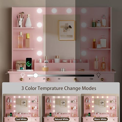 HUANLEGO Vanity Desk with Mirror and Lights, Makeup Vanity with Mirror and LED Lights & Power Outlet, 3 Drawers and Cabinets, 3 Lighting Modes Dressing Table Set for Girls Women Bedroom,Pink - size: 43.7x15.7x57.6 in, style: Pink