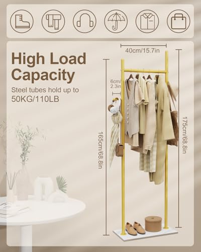 Coat Rack Freestanding, Clothes Rail, 19.7x11.8x68.9 In, Gold | Modern Garment Rack with 2 Hooks and Heavy Rock Slab Base, Industrial Metal Clothing Hanger Stand for Entryway, Living Room - color: Gold, size: 11.8 x 19.7 x 68.9 In