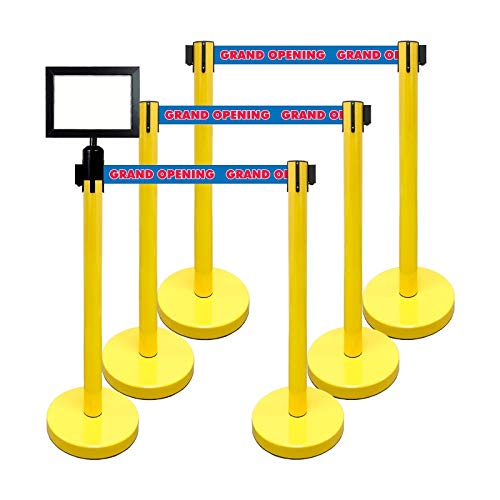 Retractable Stanchion, 6 SPECIALTY Posts + Signframe, 36" Ht, 78" Special Event & Holiday Theme Belt + Bonus Replacement Cassettes + Wall Receiver (YEL Post/Grand Opening Belt) - color: Yel Post/ Grand Opening Belt