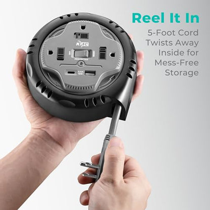 KMC 3-Outlet Surge Twist Cord Reel, USB-C & USB-A Ports, Retractable Power Strip Surge Protector, 735J Surge Protection, 5ft Retractable Extension Cord, 3-Prong Flat Plug, UL/ETL Certified, Gray